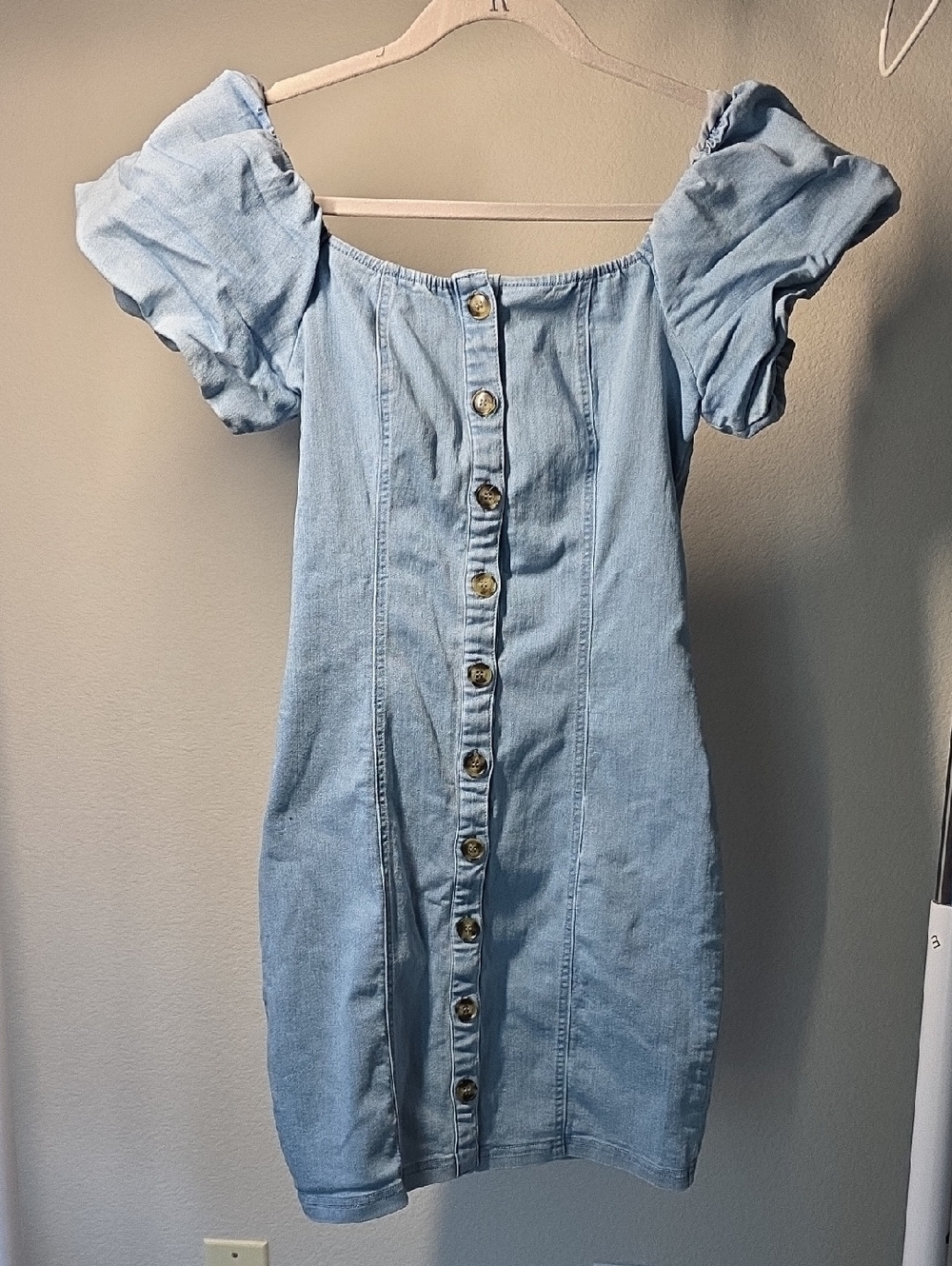 Light Blue Off-Shoulder Button-Front Denim Dress